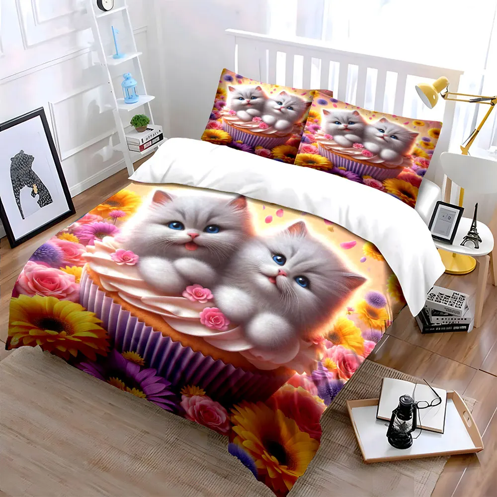 Cute kittens with floral cupcake Print Soft Comfortable Duvet Cover Bedding Set Included 1*Duvet Cover 2*Pillowcases