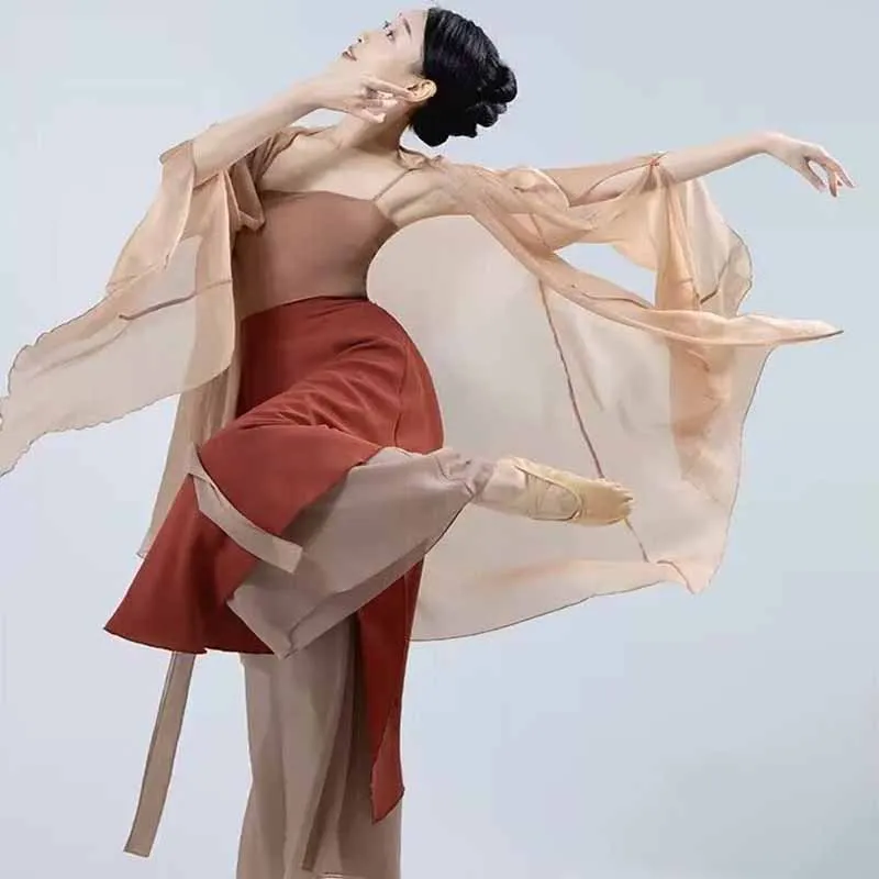 

Chinese style folk dance classical dancer performance costumes elegant cardigan practice clothes body rhyme long outer gauze