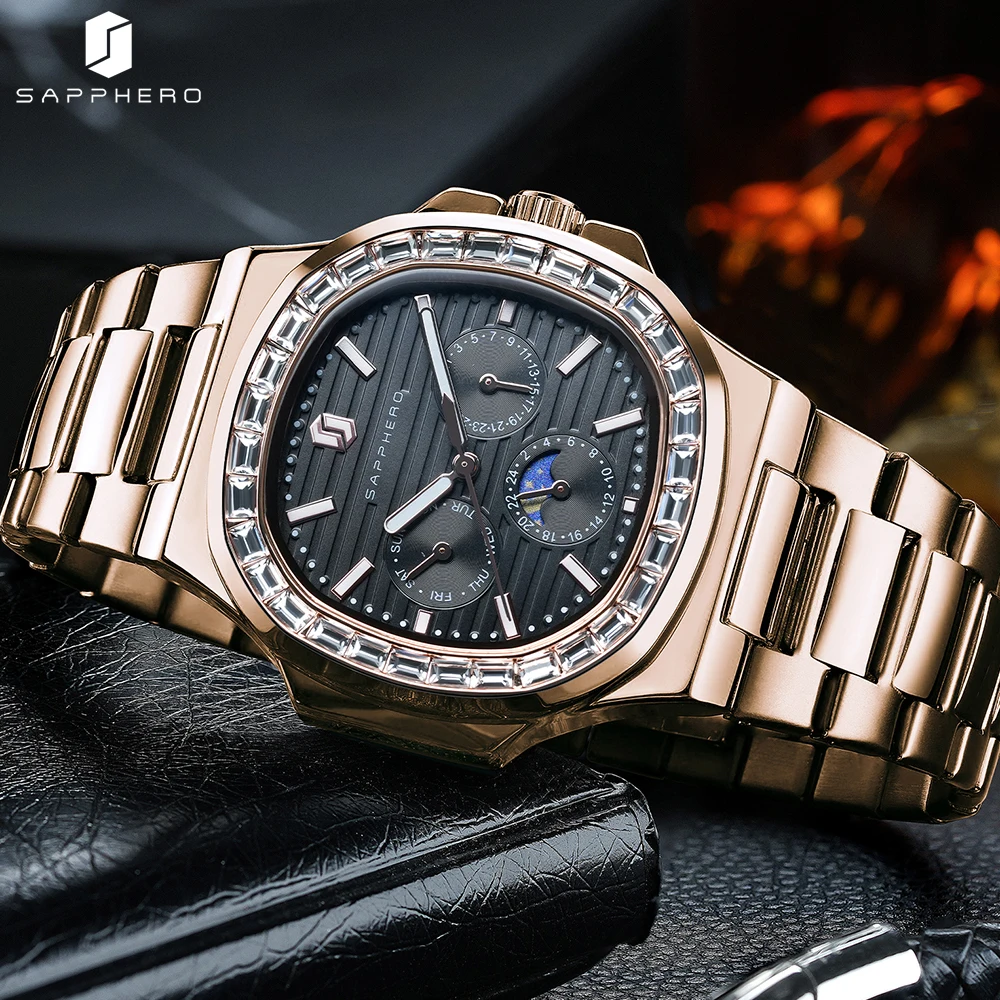 2024 New SAPPHERO Square Watch for Men Luxury Diamond Wristwatch waterproof   Date Clock Stainless Steel Quartz Mens Watches