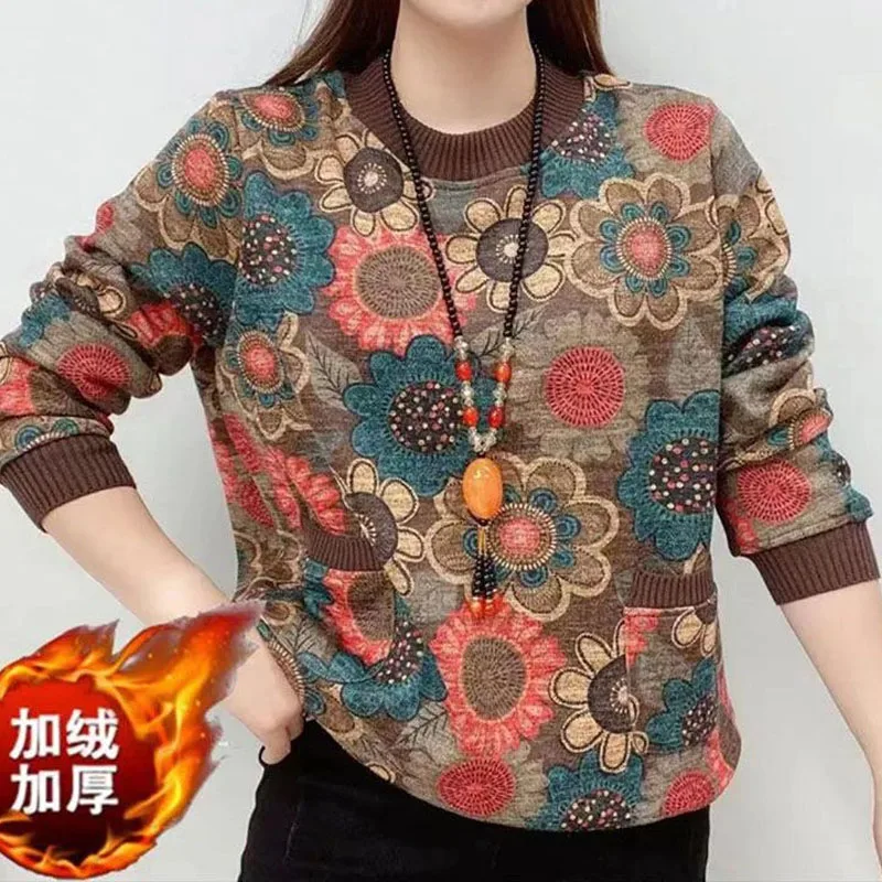 Vintage Fashion Thick Printed Round Neck Tops Female Korean Long Sleeve Pockets Pullovers T-shirt Women\'s Clothing Autumn Winter