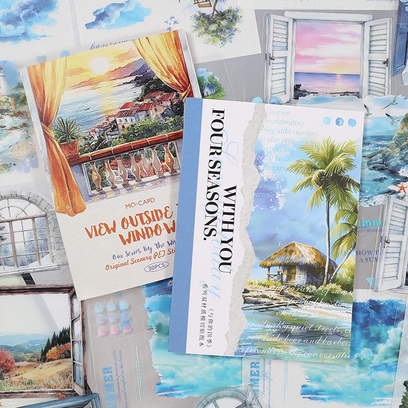 Vintage Watercolor Landscape Stickers Window Scenery Seaside Beach Ocean Decor Sheets For Junk Journal Scrapbooking DIY Collage