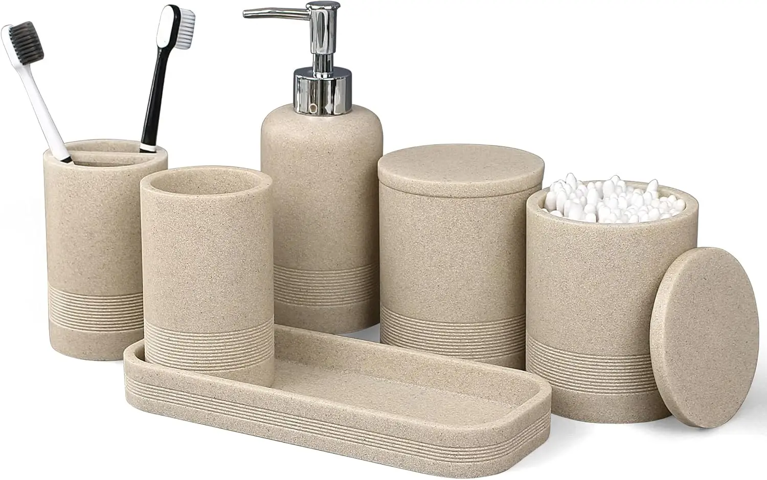

6-Piece Modern Bathroom Set with Soap Dispenser, Toothbrush Holder, Vanity Tray & More in Beige