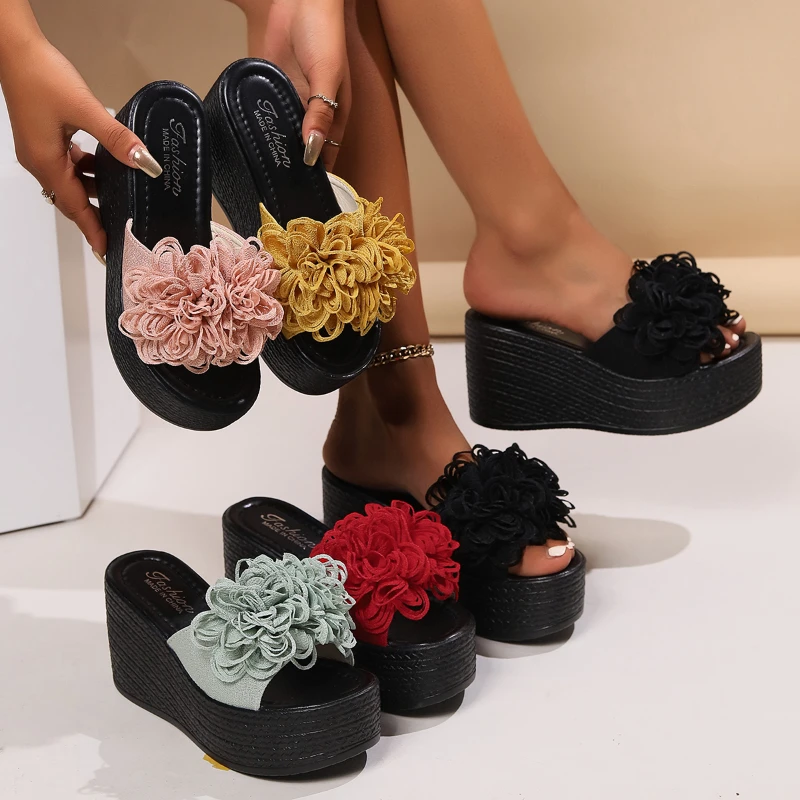 2024 Wedges Sandals Women Slippers Summer Beach Platform Shoes Flower Slippers Women High Heel Slippers Women  Platform Sandals