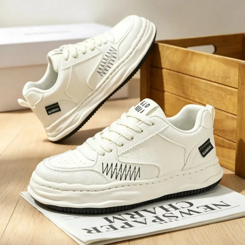 Men Sneakers Spring Summer Casual Board Shoes Pebbled Texture Canvas Splicing Thick Sole Stitching Detail Daily