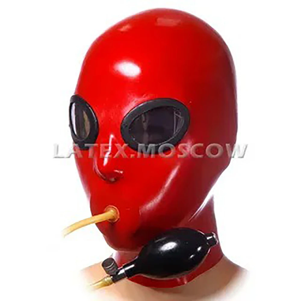 Natural Latex Mask Red Rubber Hood with Transparent Lens and Mouth Respirator Inflation Tracheal Sexy Cosplay Party Club Wear