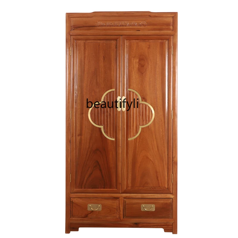 

New Chinese Style Solid Wood Wardrobe Home Bedroom Wardrobe Simple and Light Luxury Double-Door Storage Cabinet