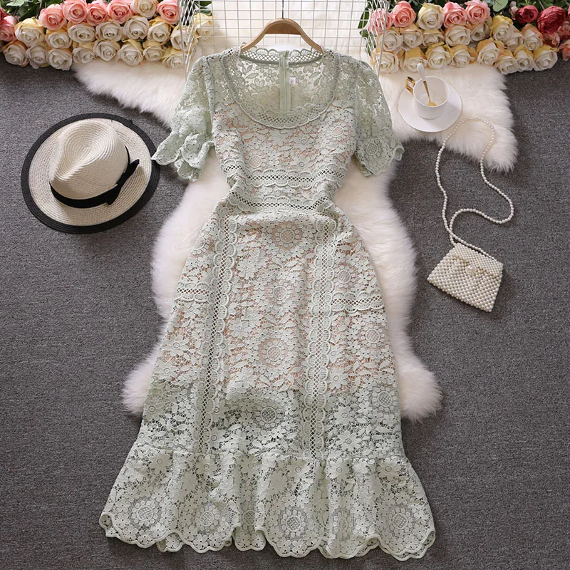 

Runway Embroidery Dress Summer Solid Lace High Waist Woman Dresses for Women Elegant Luxury Party Boho Long Sleeve A-Line 2022