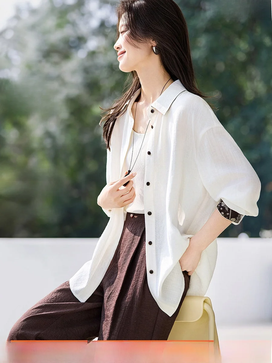 

Mehaiyi Casual Shirt Long Sleeve Linen Blend Loose Shoulder Drop Color Block Vintage Loose Fit Women's Spring Fashion Top