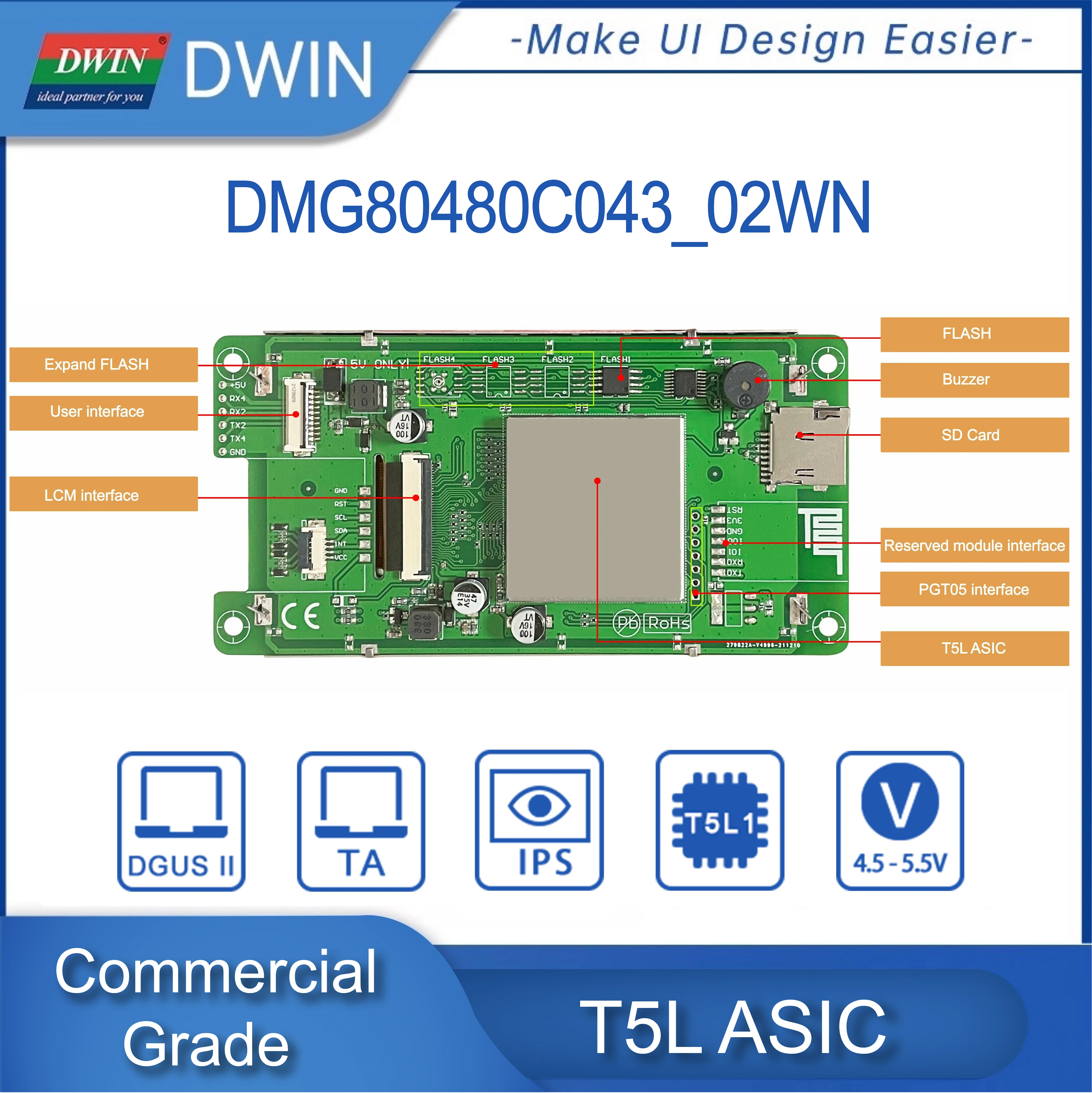 DWIN 4.3 Inch TFT LCD Module 800*480 Pixel Commercial Touch Screen TTL Smart Didplays HMI DMG80480C043_01W/02W