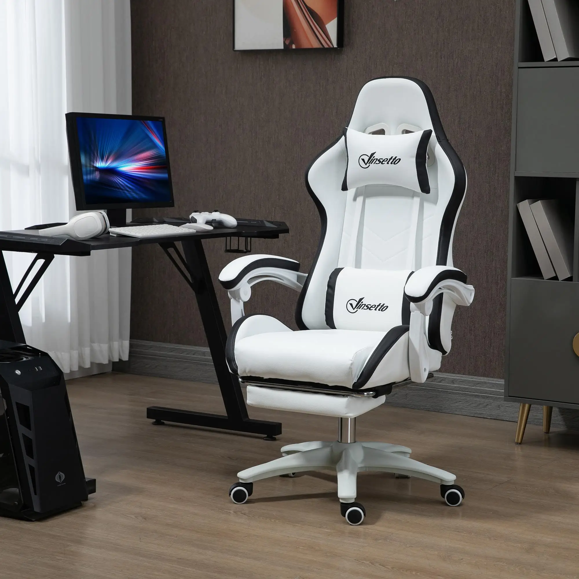 Silla gaming Vinsetto con 135 ° Reposapiés inclinable de cuero PU 65x65x121-129 cm Blanco/Negro