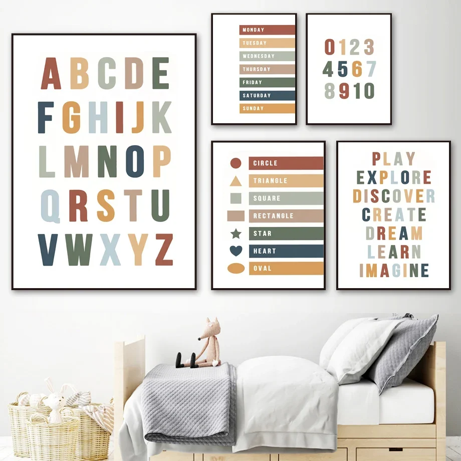 Classroom Nursery Learning Number Alphabet Wall Art Canvas Painting Nordic Posters And Prints Wall Pictures Baby Kids Room Decor