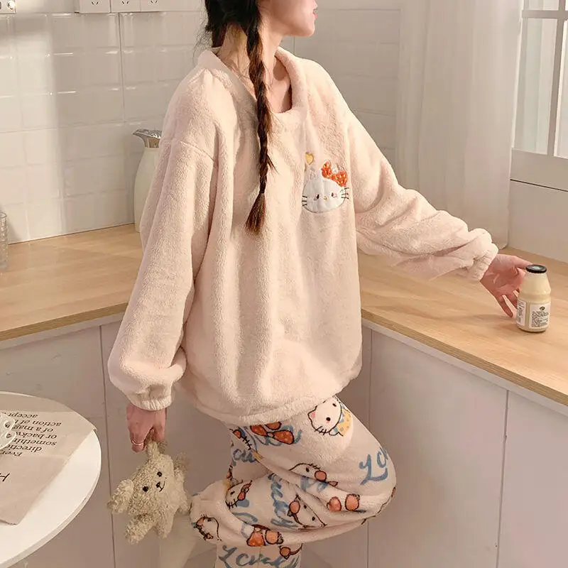 

Пижамы Sanrio для девочек, 2 предмета, студенческая коралловая флисовая домашняя одежда, осенне-зимний утепленный флисовый модный милый комплект, хит продаж