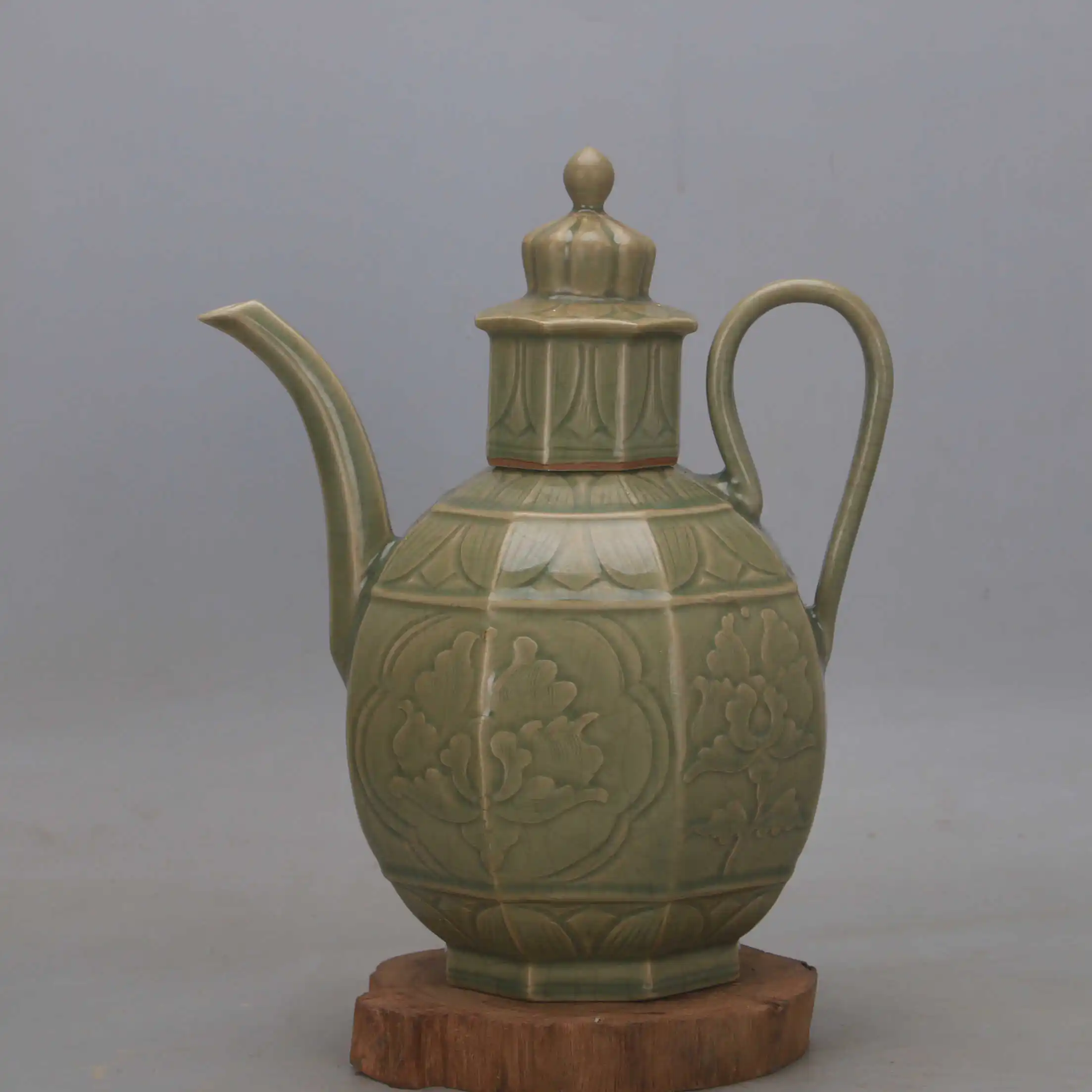Five Dynasties Yue Kiln Mise Celadon Carved Peony Octagonal Ewer Wine Pot Handmade Vintage Ceramic Collectible