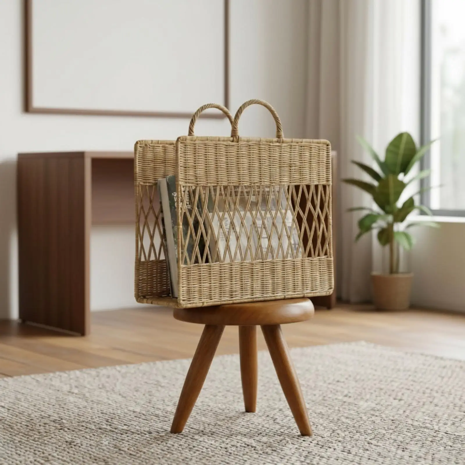Magazine Basket with Handle Handwoven Magazine Holder Rectangular for Readers