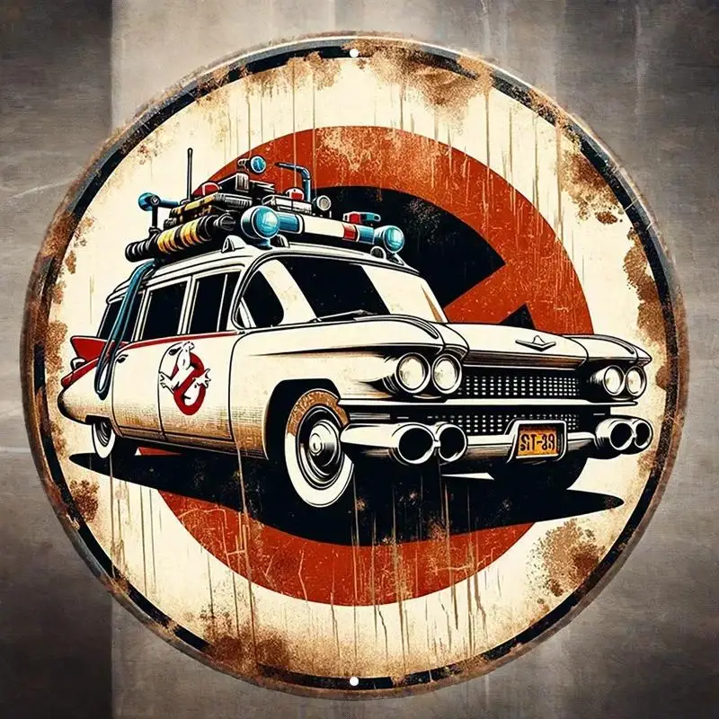 

Vintage Ghostbusters Ecto-1 Car Metal Sign – Retro Aluminum Round Wall Art Celebrating the Iconic Movie Vehicle
