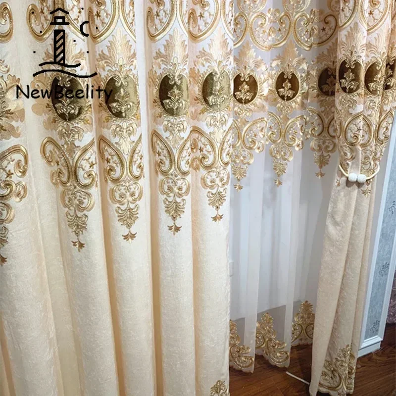 European-style Curtains for Living Dining Room Bedroom Light Luxury Champagne Chenille Gold  Embroidered Curtains Window valance