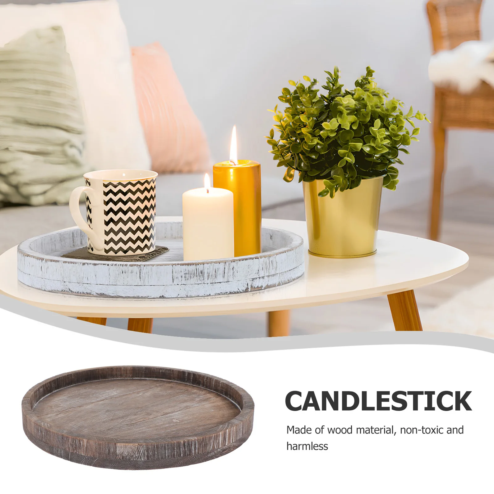 

2Pcs Wooden Serving Round Trays Tabletop Organizer Jewelry Key Storage Decorative Holder Display Decorative Tray