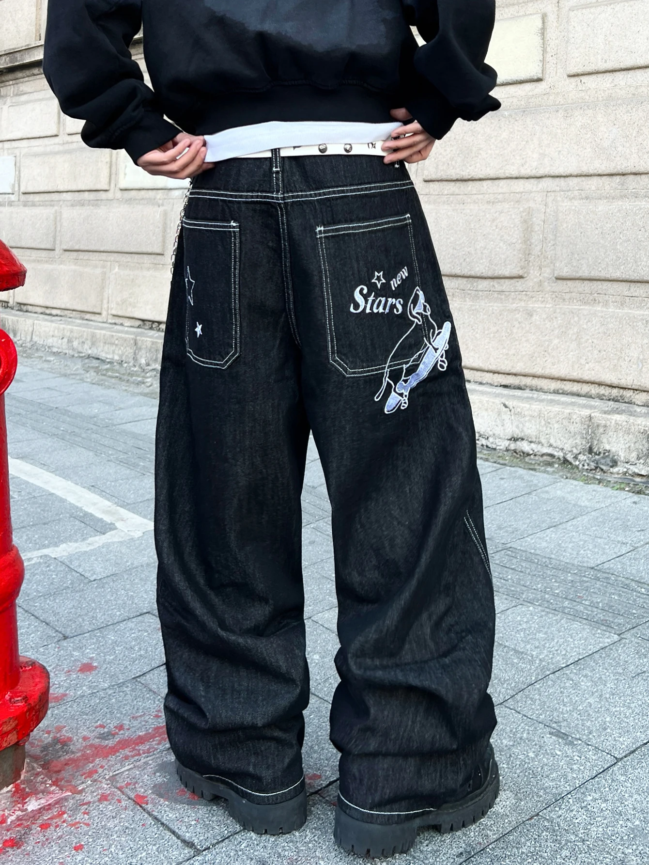 Men's Jeans Vintage Black Baggy Wide Pants, Trendy Y2K Streetwear Men's Denim Pants, Men's Casual Trousers With Letter And Star