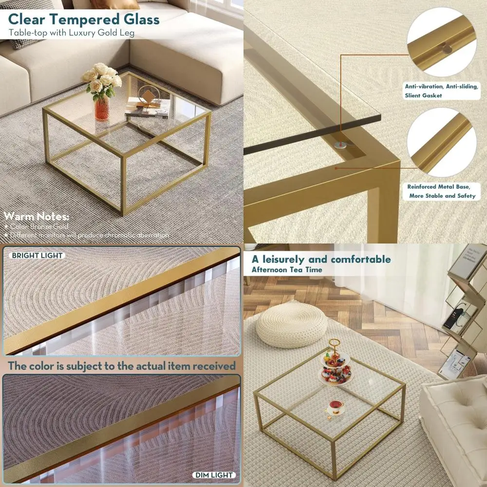 

Modern Minimalist Square Coffee Table, 26.7x26.7x17.7, Gold for Living Room/Home Office