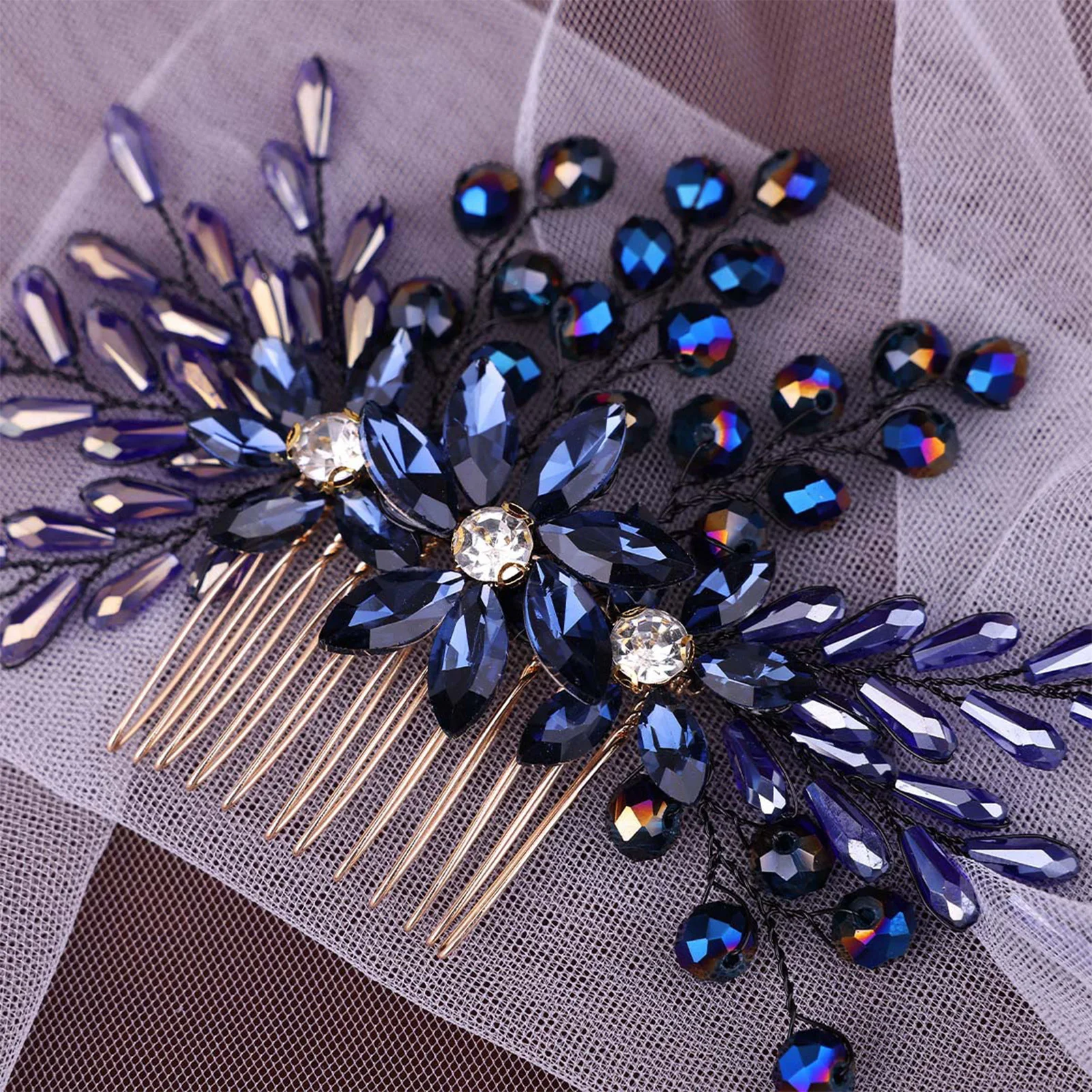 دبوس شعر على شكل حرف U مع مشط شعر ضيف الزفاف إكسسوارات الشعر الأزرق حجر الراين الخرز مشبك شعر أزياء الزفاف التيجان أغطية الرأس #4