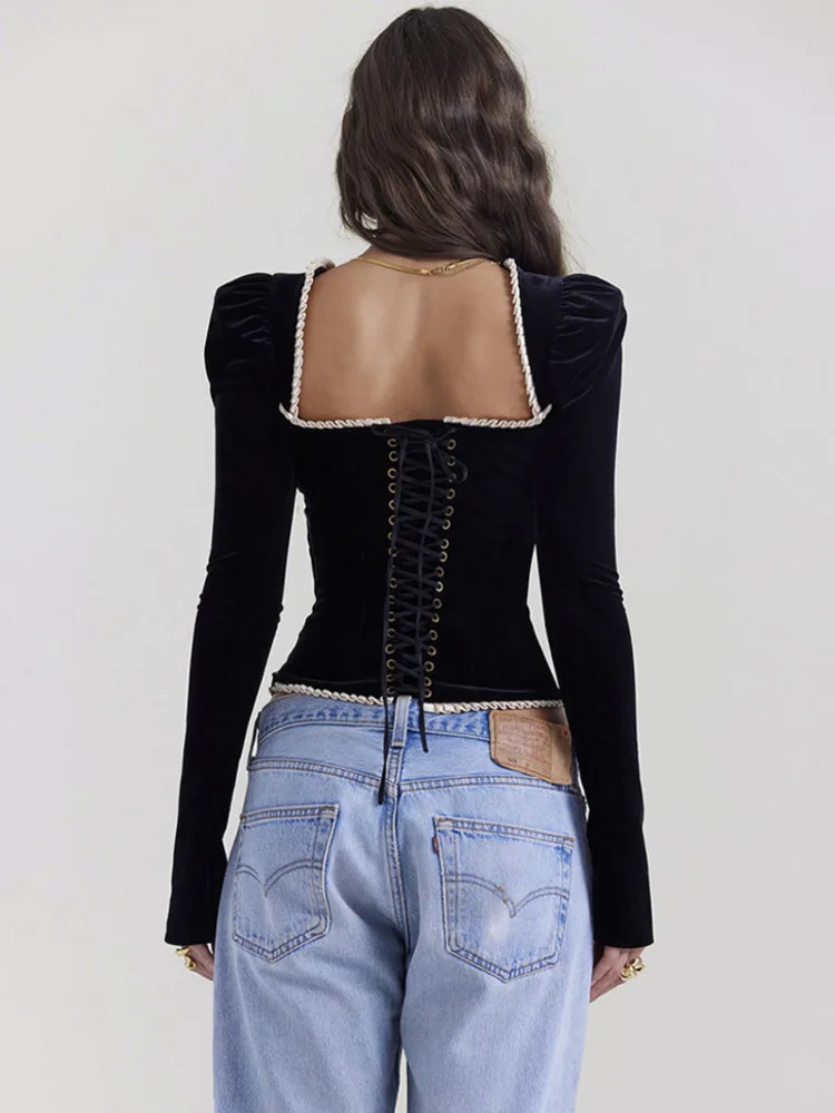 Mozision Square Collar Backless Bandage Sexy T-shirt Women Autumn Winter New Black Shoulder Pad Sleeve Skinny Sexy Party Tops