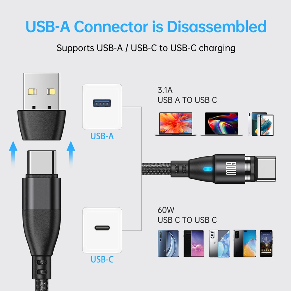 AUFU Magnetic USB Type C Cable 60W/3A PD Fast Charging Charger Wire Cord For Macbook Xiaomi Samsung iPhone POCO USB C Cable 2M images - 6