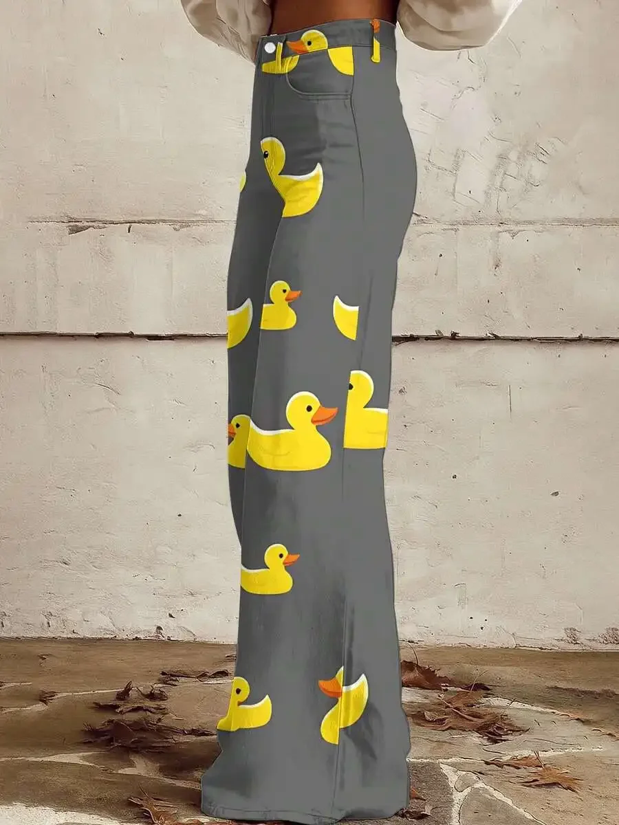 

Womens Gray Wide Leg Jeans With Yellow Duck Print Casual Summer Pants