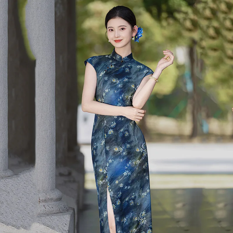 

Синее женское платье Cheongsam, лето 202, повседневное красивое облегающее благородное длинное новое китайское платье, летнее Ципао