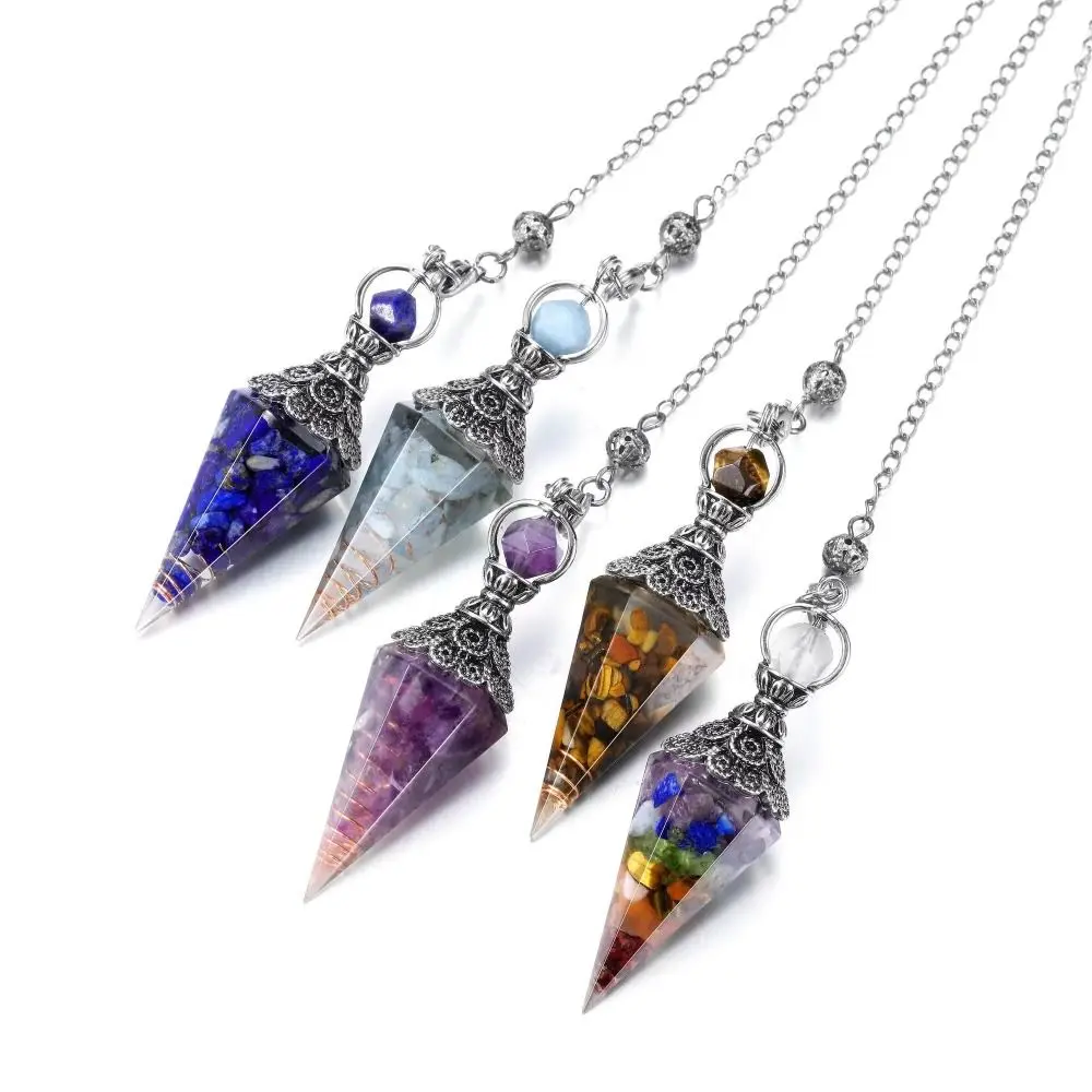 Hexagonal Cone Natural Chips Pendulums Yoga Pendant Amethysts Crystal Pendulum Spiritual Dowsing Witchcraft Pendulo Jewelry Gift