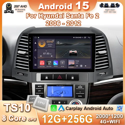 Android 15 para Hyundai Santa Fe 2 2006 - 2012 Radio automática reproductor Multimedia estéreo navegación GPS Carplay Android Auto 4G Wifi BT