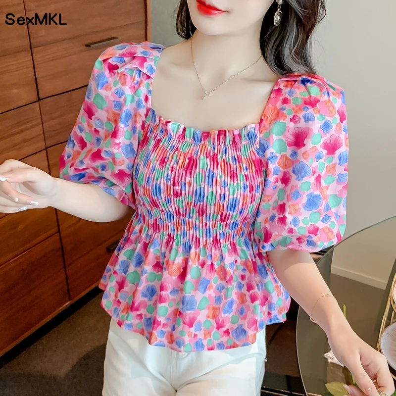 

Summer Vintage Floral Blouses Women 2023 Fashion Backless Printed Casual Blusa Feminina Korean Y2k Puff Sleeve Corset Tops Mujer