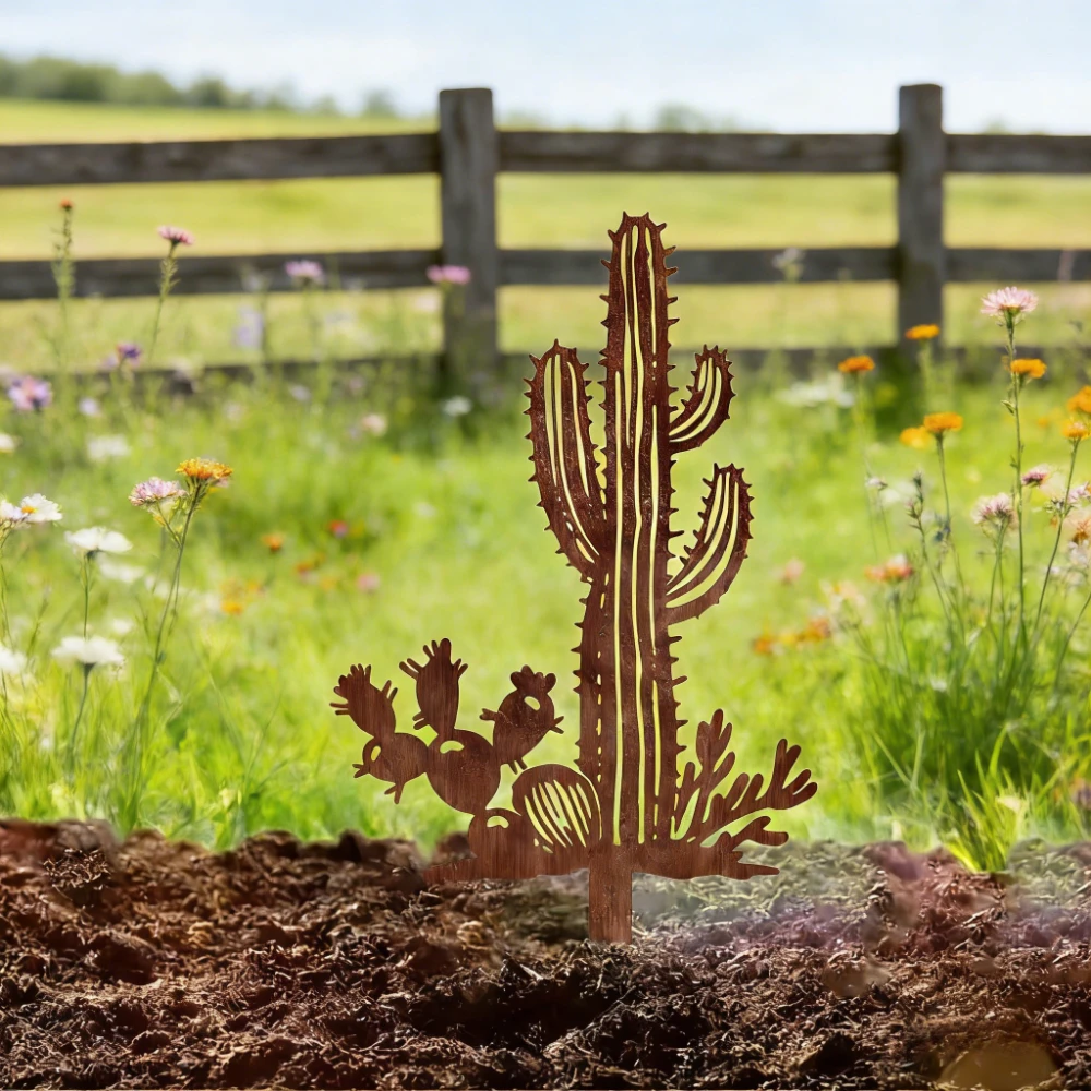CIFbuy Iron Art Wall Decor Rusty Cactus Metal Garden Stake Yard Art Outdoor Landscape Ornament Patio Home Decoration Gift