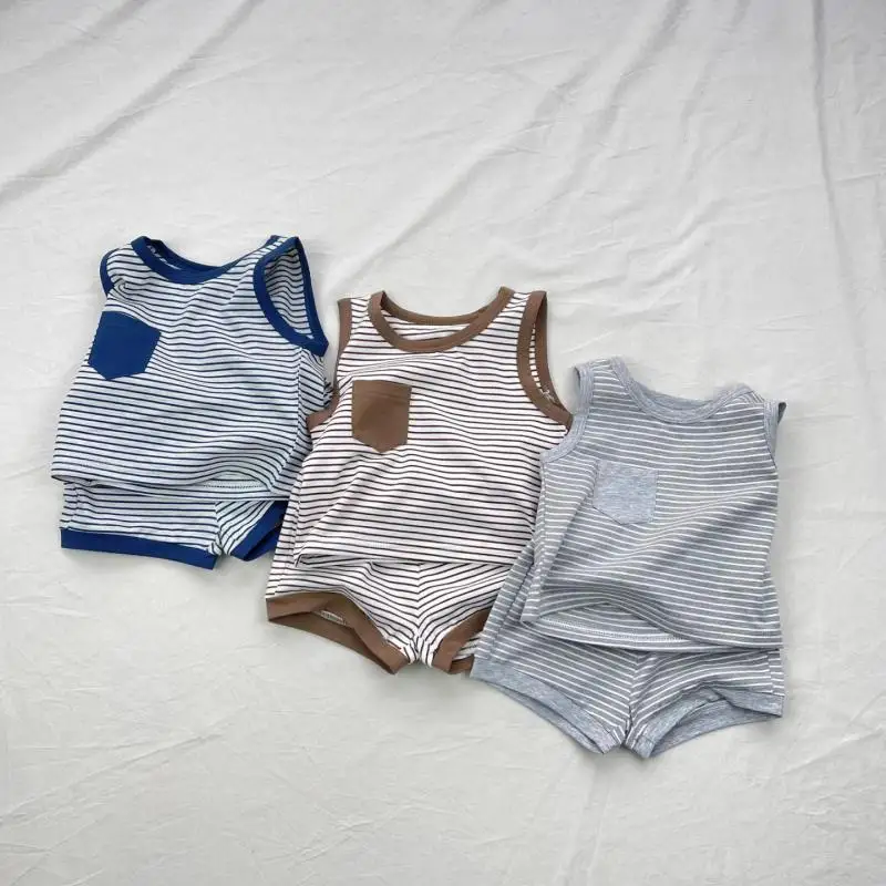 

2026 Summer New Baby Sleeveless Clothes Set Infant Boys Girls Striped Vest + Shorts 2pcs Suit Toddler Cotton Breathable Outfits