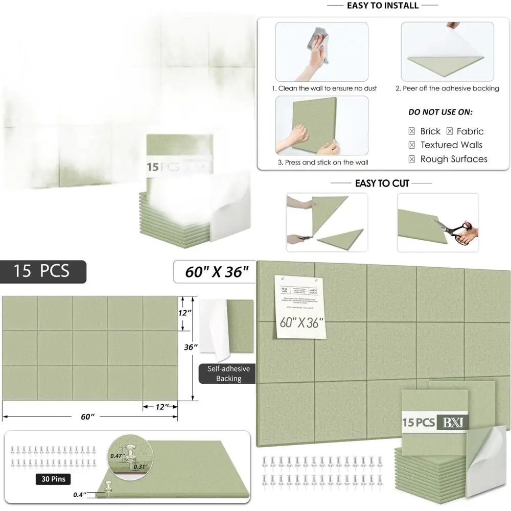 

60 x 36 самоклеящихся пробковых досок, 15 шт. в упаковке с 30 кнопками, акустические стеновые панели для домашнего офиса, общежития, кухни, класса