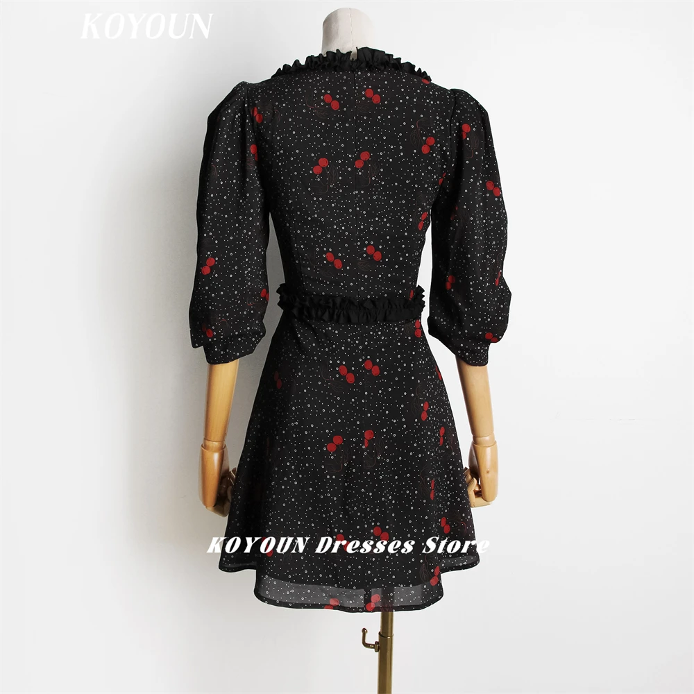 KOYOUN Autumn Catwalk Women's Cocktail Party Dress Puff Sleeves Cherry Polka Dot Sweet and Spicy Black Dress Fairy Skirt