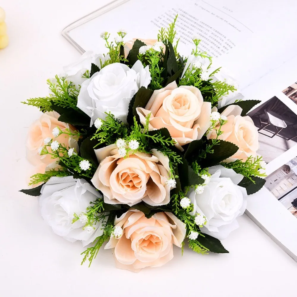 Elegant Polyester Fabric Artificial Rose Flower Simulation Hand Holding Flower Ball Lifelike Flowers Wedding Decor