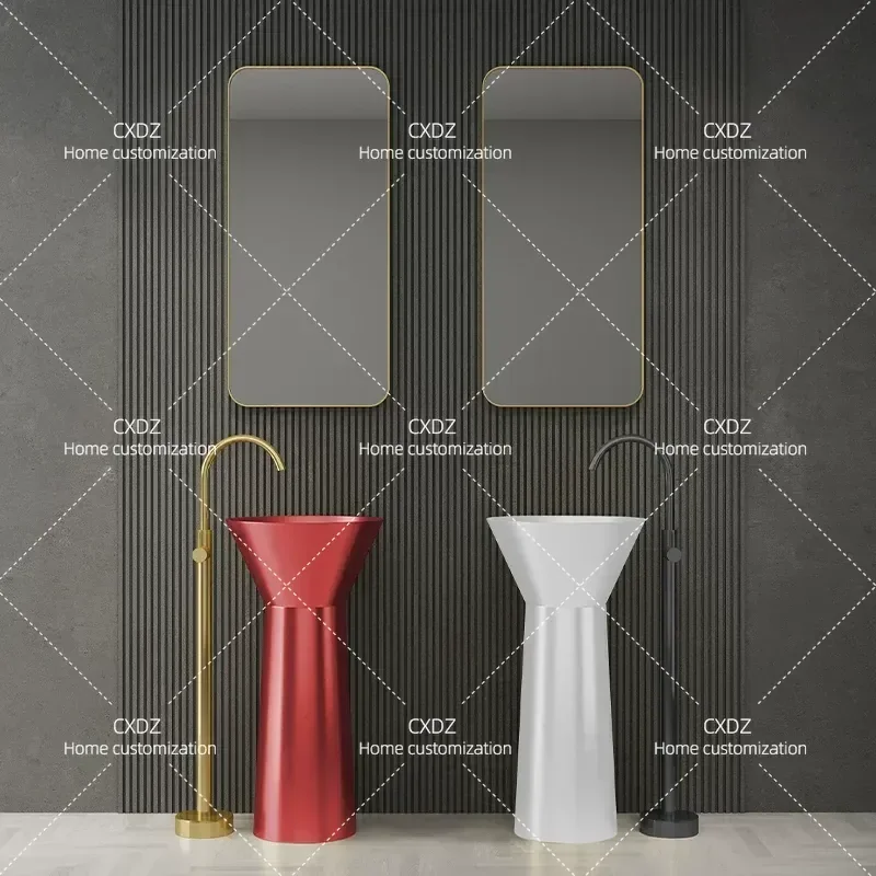 Red Stainless Steel Floor Standing Column Wash Basin Round Bathroom Sink Artistic Design Creative Pedestal Basin for Home