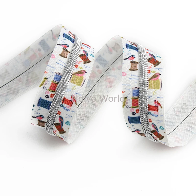 32mm 5# Nylon Teeth Stripe Sewing Coil+Bird Print Open-end Zippers Tape With Slider For Handbag Garment Bags Tailor Accessories