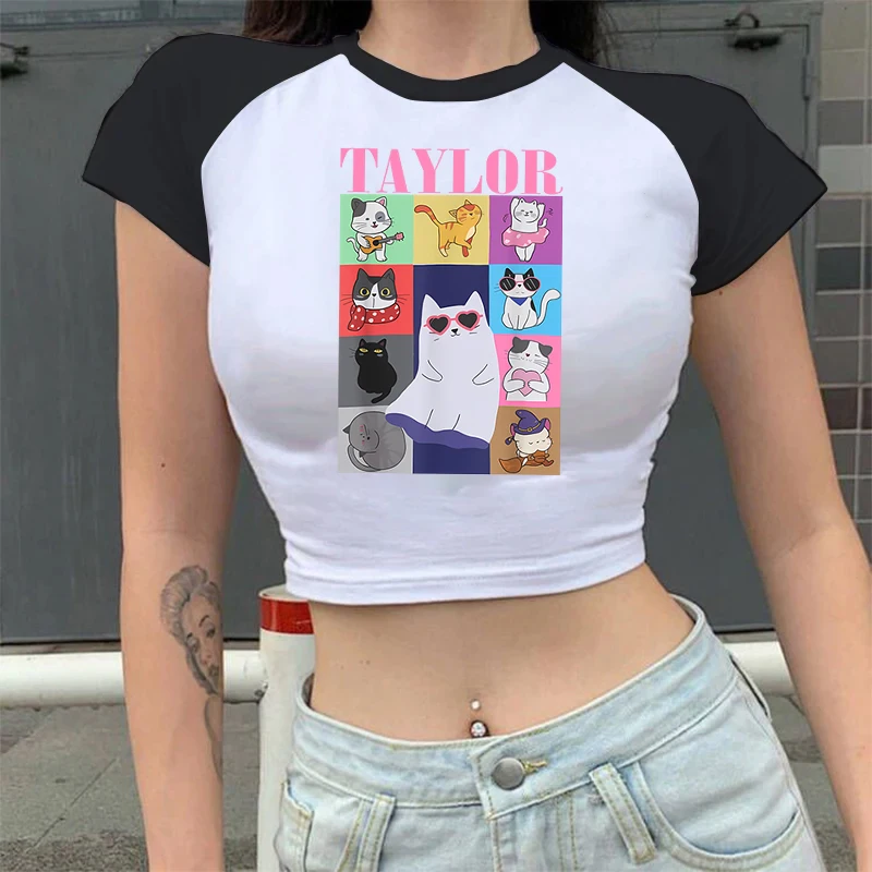 Women\'s Cartoon Cats Crop Tops Funny Music Album T-shirt Short Sleeve Girls Streetwear Hip Hop Fashion Casual Cropped Tshirt