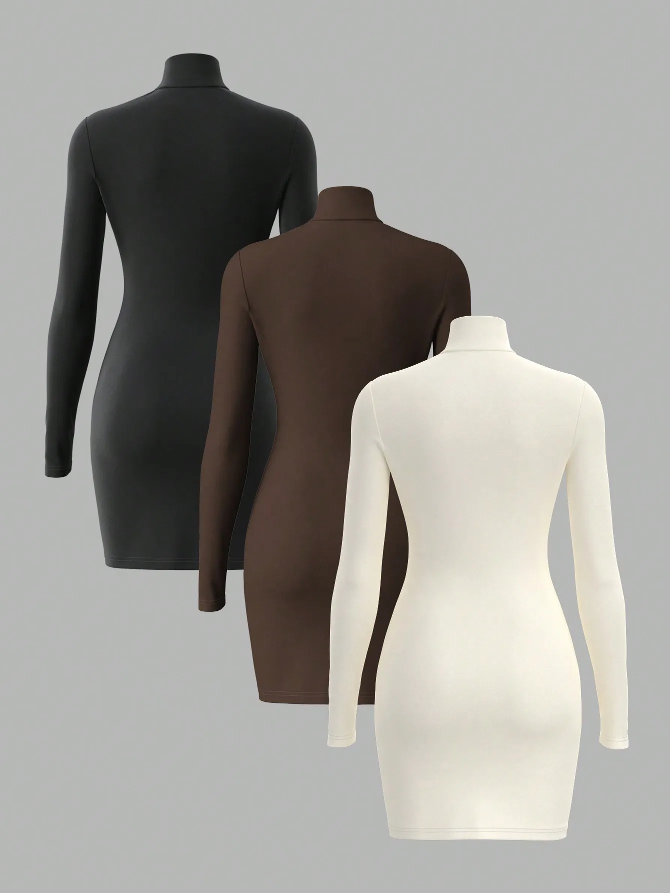 فستان نسائي ذو ياقة مدورة دافئة ونحيف ومتعدد الاستخدامات بلون سادة لمجموعة الخريف والشتاء مكون من ثلاث قطع #3