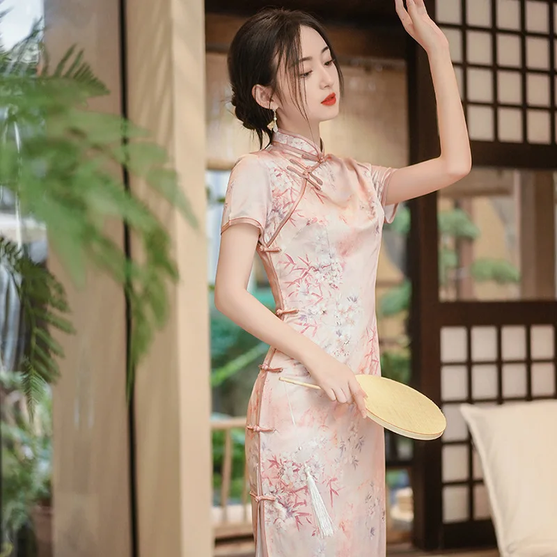 Summer Autumn Qipao Long Dress Satin Cheongsam Retro Slim Fit Double Layer Banquet Performance Wedding Party Dress CH-166