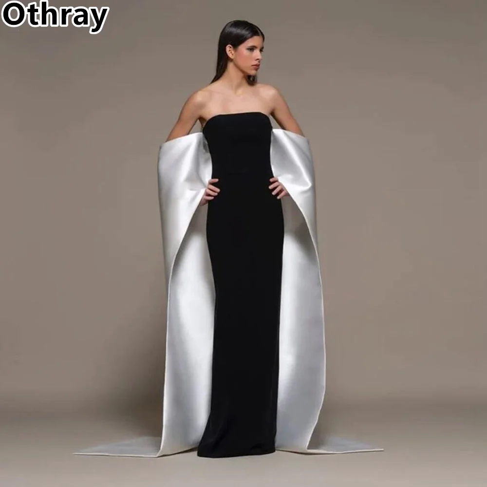 Othray-Robes de soirée en satin vintage pour femmes, robes de soirée formelles, longue cape arabe, noir et blanc, robes de soirée douces, quelles que soient