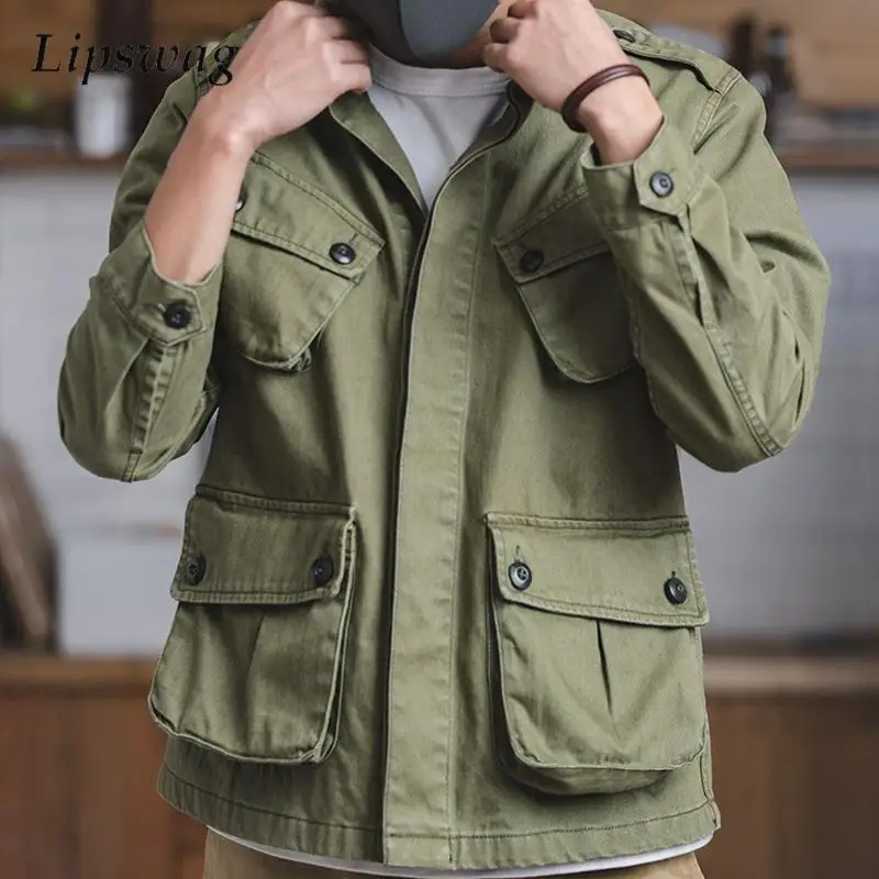 2026 Autumn Fashionable Mens Loose Jackets Vintage Turn-down Collar Button-up Multi Pocket Cargo Jacket Men Outdoor Casual Coats