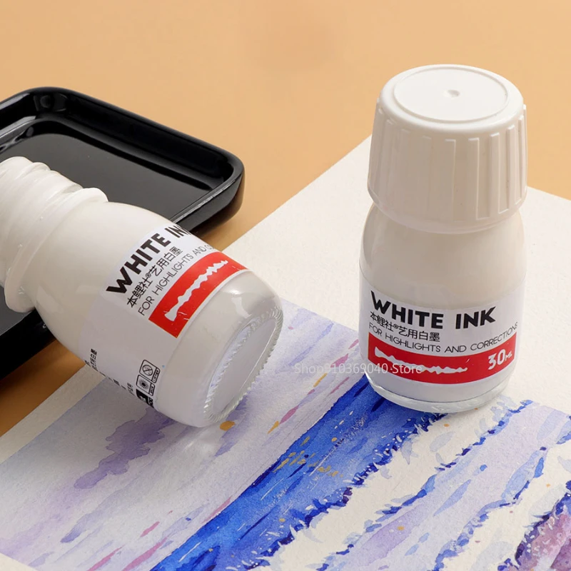 30ML/bottle Watercolor Highlight White Ink Opaque Strong Coverage Painting Hair Dot Highlight Comic White Ink Art Supplies