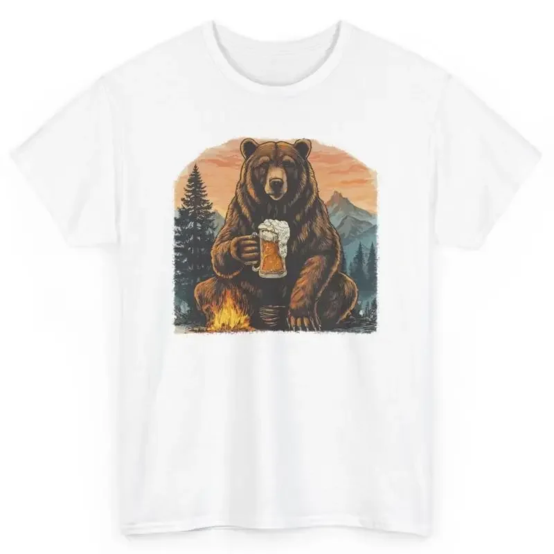 Bear Drinking Beer Funny T Shirt Camp Fire Woods Outdoor