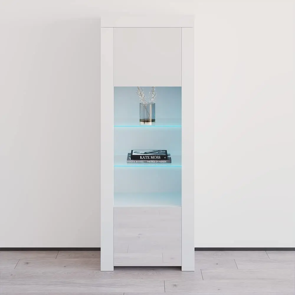 Modern Freestanding Bookcase with 16-Color LED Light & High Gloss Glass Door, 31.5
