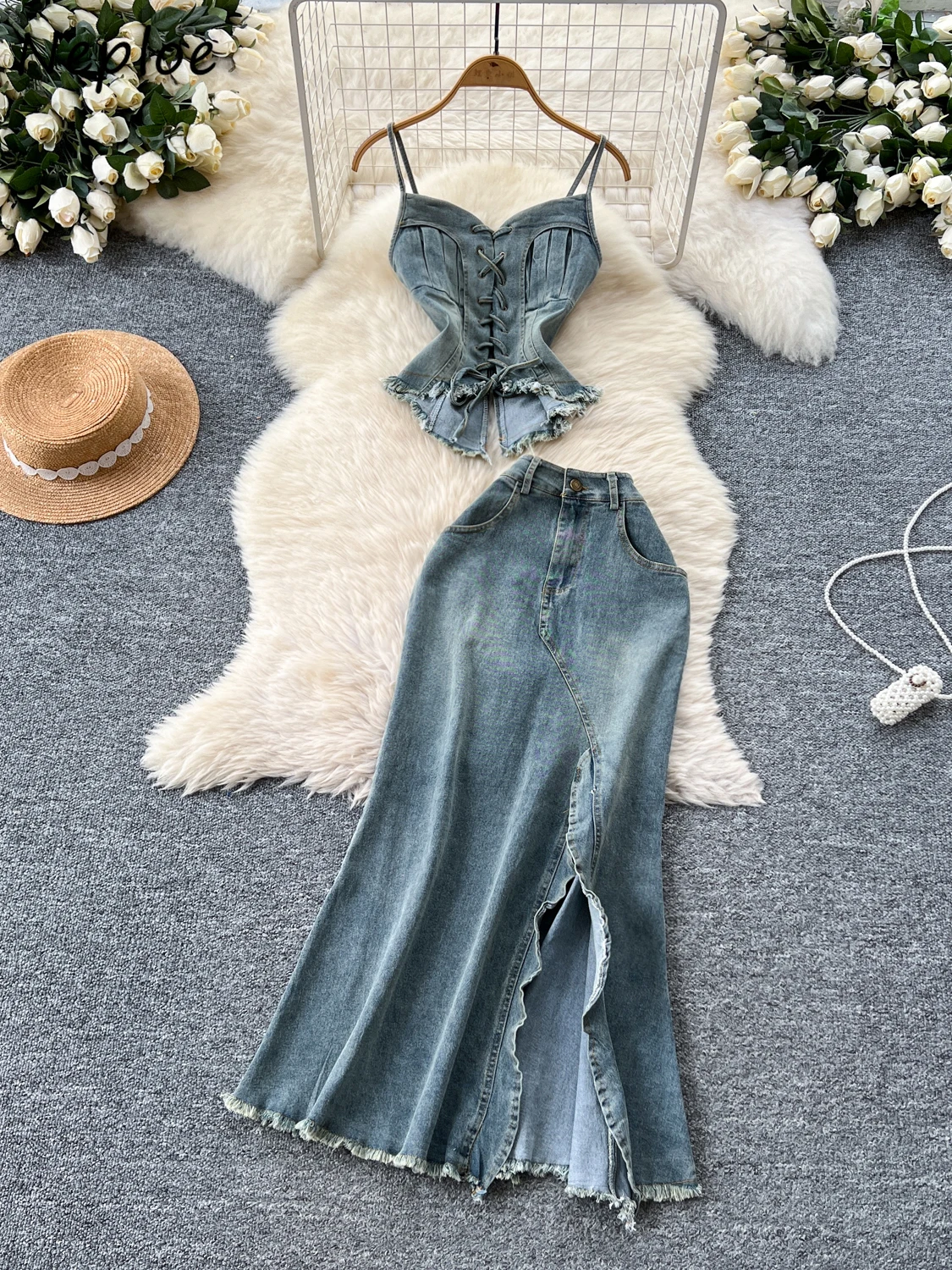 

Neploe Vintage Lace Up Slim Flash Strapless Set Sling Vest High Waist Vent Denim Mujer Faldas Summer American Luxury Suit Skirt