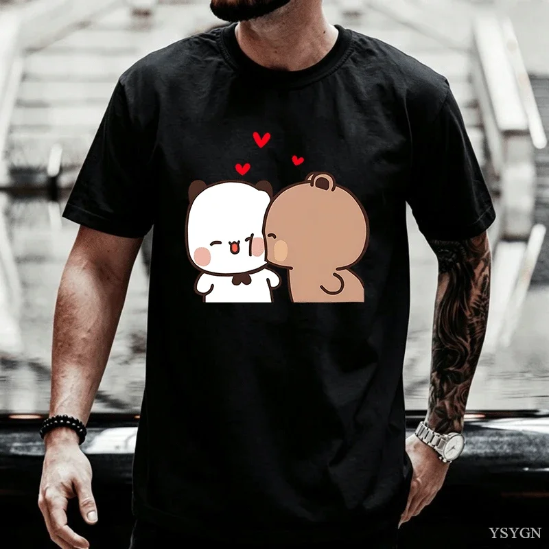 Cute Panda and Brown Bear Couple Mens Women T Shirt  Red Hearts Love Art Casual Short Sleeve Couple and Cartoon Fan Gift Tops