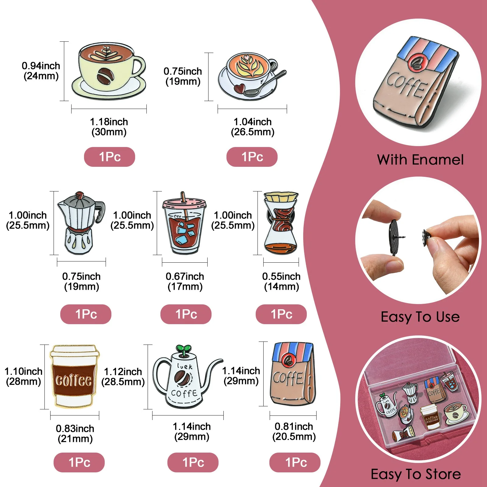 PandaHall 8Pcs Mixed Styles Coffee Brooch Pins Set Cafe Series Coffee Cups Pots Brooch Badges for Clothes Backpack Bag Decor