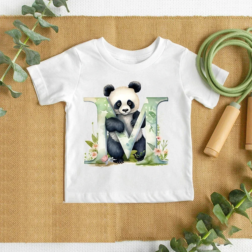 Letter A-Z Panda Printed Kids Shirt Boys Girls Short Sleeve T-shirt Child Summer Outfit Tops Casual Tshirt Cute Children Clothes